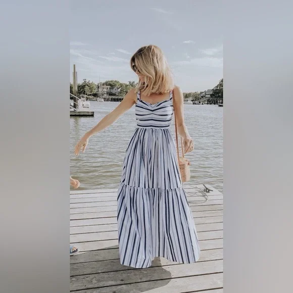 J. CREW Shirting Stripe Tiered Maxi Dress Size 6 Spaghetti Straps 100# Cotton - Picture 5 of 16